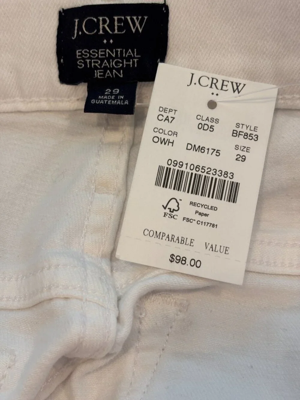 J.Crew Essential Straight Jean White Button Fly 29 NWT